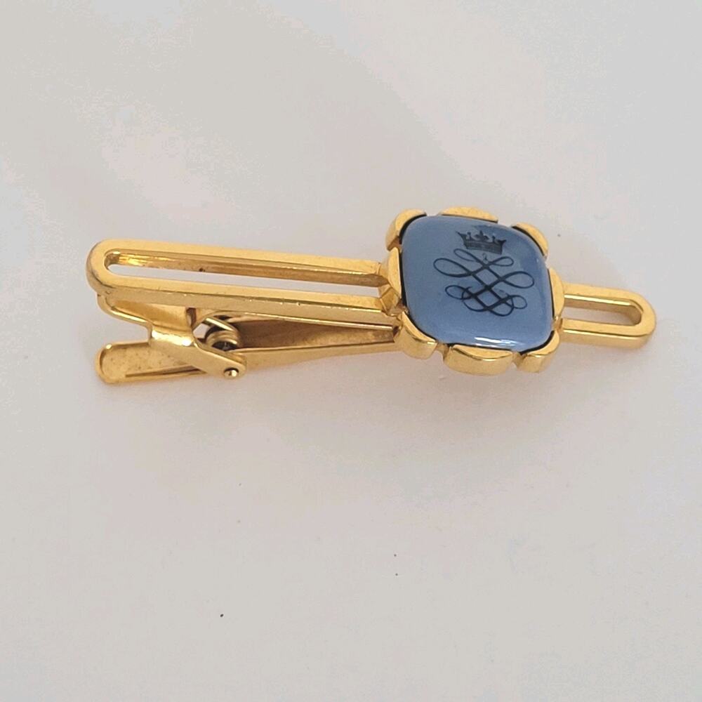 Royal Copenhagen Tie Bar Gold Tone Blue Enamel 2 Inch Clip Vintage Glam